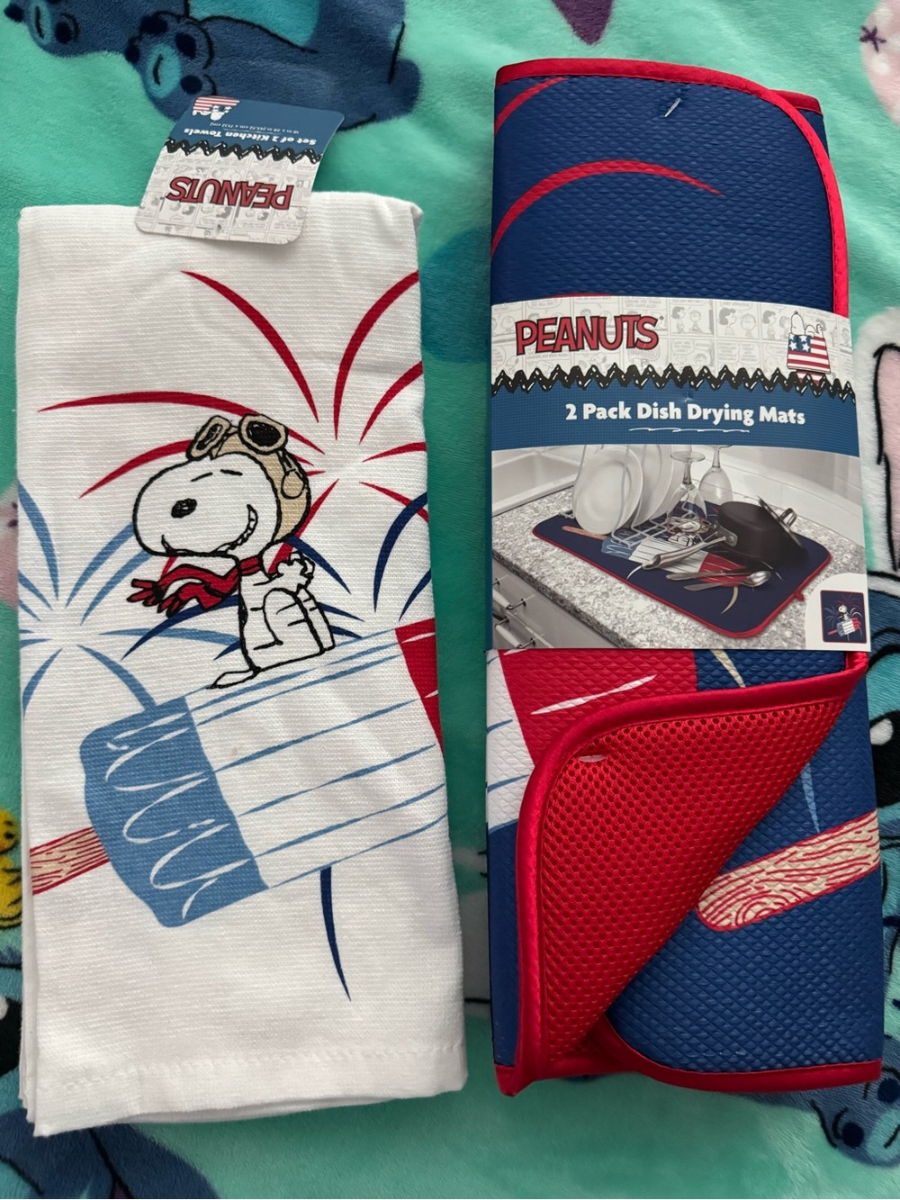 Peanuts 4th of July Kitchen Towel Set  2 pack and 2 pack dish drying mat